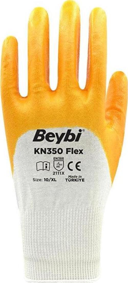 Pamuk Nitril Pamuk Kn350 Flex 10 Beden İşçi Eldiveni Beyaz Sarı En388 2111X (12 Li Paket)