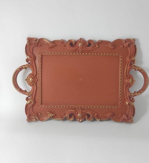 Modern Turuncu Yaldızlı 41-25 cm Saray Desenli Kabartmalı Servis Tepsisi Sunum Tepsisi Çay Kahve Tepsi