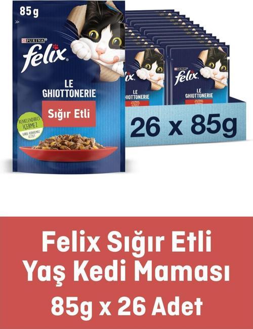 FELIX Sensations Taze Jöle Içerisinde Domates Soslu Sığır Etli Yetişkin Konserve Kedi Maması 26 x 85 G