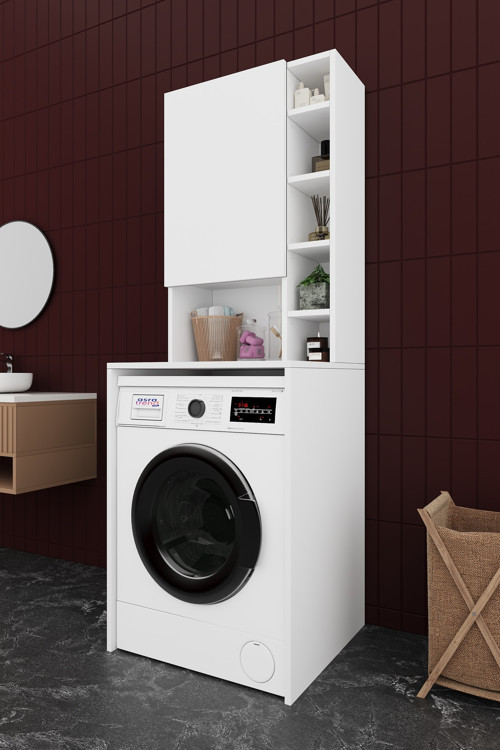 Lüks Dolaplı Çamaşır Makinesi Dolabı %100 MDF Raflı Kapaklı Çok Amaçlı Banyo Dolabı BD02