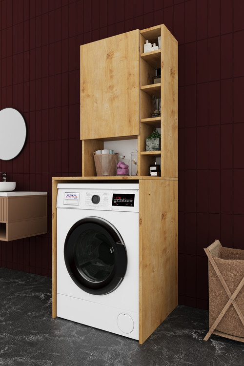 Lüks Dolaplı Çamaşır Makinesi Dolabı %100 MDF Raflı Kapaklı Çok Amaçlı Banyo Dolabı BD02