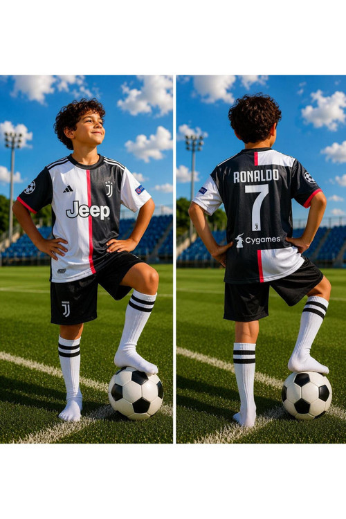 Juventus. 2019 Sezon Cristiano Ronaldo Siyah-Beyaz Çocuk Forma Takımı