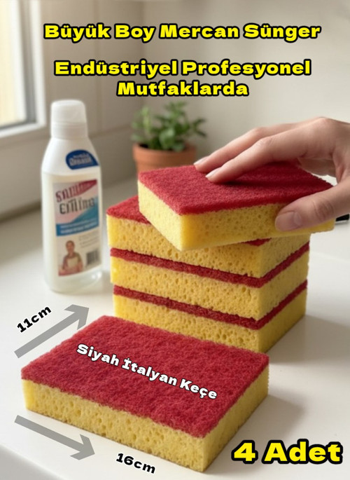 Lüx Kırmızı İtalyan Keçeli Catering/Restaurant Büyük Boy Mercan Bulaşık Süngeri 4 Adet