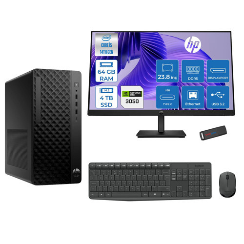 Prodesk 2 Tower G1I Intel I5 14500 Up To 5,0ghz 64GB Ddr5 4tb SSD 6GB/RTX3050 Freedos Mini Tower +23.8 100HZ Monitör Masaüstü Bilgisayar 24B6YE4ET23F25+ZETTAUSBBELLEK