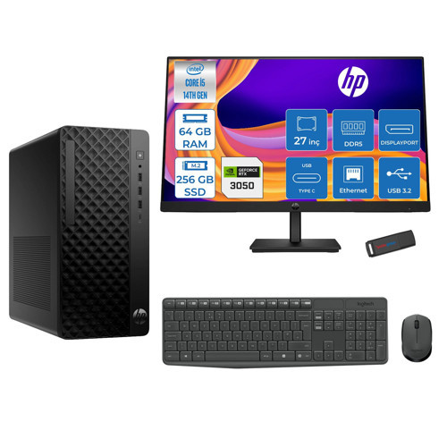 Prodesk 2 Tower G1I Intel I5 14500 Up To 5,0ghz 64GB Ddr5 256GB SSD 6GB/RTX3050 Freedos Mini Tower +27" 100HZ Monitör Masaüstü Bilgisayar 27B6YE4ET23F21+ZETTAUSBBELLEK