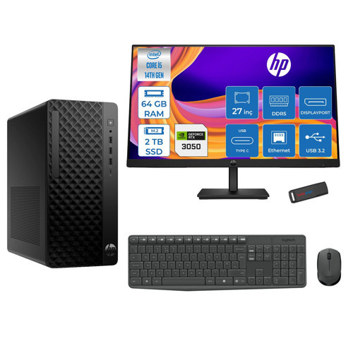 Prodesk 2 Tower G1I Intel I5 14500 Up To 5,0ghz 64GB Ddr5 2tb SSD 6GB/RTX3050 Freedos Mini Tower +27" 100HZ Monitör Masaüstü Bilgisayar 27B6YE4ET23F24+ZETTAUSBBELLEK