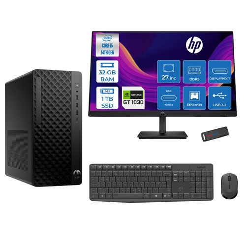 Prodesk 2 Tower G1I Intel I5 14500 Up To 5,0ghz 32GB Ddr5 1tb SSD 4GB/GT1030 Freedos Mini Tower +27" 100HZ Monitör Masaüstü Bilgisayar 27B6YE4ET21F13+ZETTAUSBBELLEK