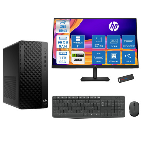 Prodesk 2 Tower G1I Intel I5 14500 Up To 5,0ghz 96GB Ddr5 1tb SSD 6GB/RTX3050 WIN11HOME Mini Tower +27" 100HZ Monitör Masaüstü Bilgisayar 27B6YE4ET23H33+ZETTAUSBBELLEK