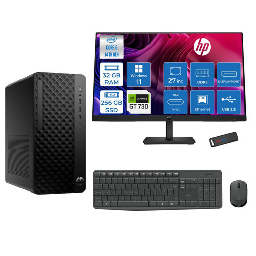 Prodesk 2 Tower G1I Intel I5 14500 Up To 5,0ghz 32GB Ddr5 256GB SSD 4GB/GT730 WIN11PRO Mini Tower +27" 100HZ Monitör Masaüstü Bilgisayar 27B6YE4ET27P11+ZETTAUSBBELLEK