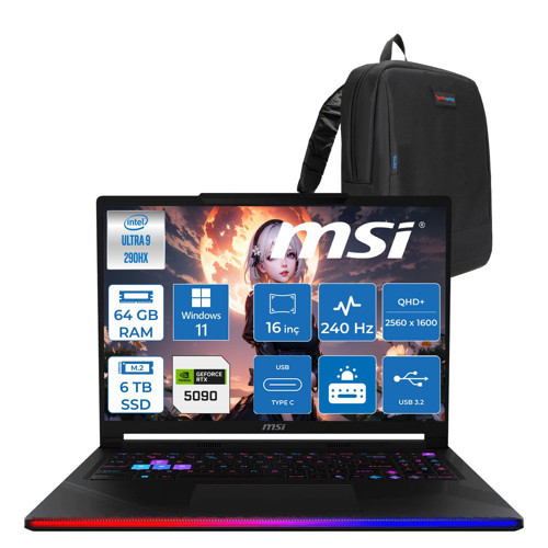 Msi Raider 16 Max Hx OLED B2WJ-022TR Intel Core Ultra 9 290HX Plus 64GB Ddr5 6tb SSD Rtx 5090 24GB 175W Windows 11 Pro 16” Qhd+ (2560X1600) 240Hz Oyuncu Bilgisayarı 022TRP14 + Zetta Çanta