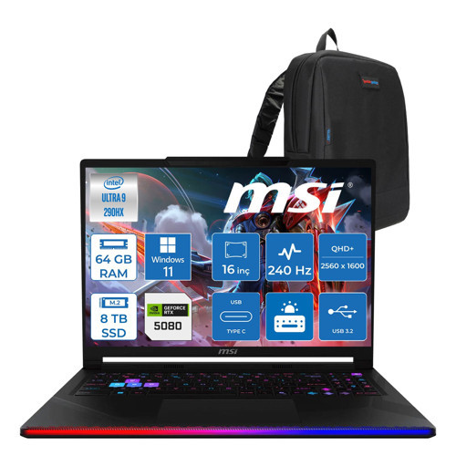 Msi Raider 16 Max Hx OLED B2WI-092TR Intel Core Ultra 9 290HX Plus 64GB Ddr5 8tb SSD Rtx 5080 16GB 175W Windows 11 Home 16” Qhd+ (2560X1600) 240Hz Oyuncu Bilgisayarı 092TRH15 + Zetta Çanta