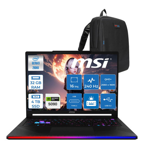 Msi Raider 16 Max Hx OLED B2WJ-022TR Intel Core Ultra 9 290HX Plus 32GB Ddr5 4tb SSD Rtx 5090 24GB 175W Freedos 16” Qhd+ (2560X1600) 240Hz Oyuncu Bilgisayarı 022TRF03 + Zetta Çanta