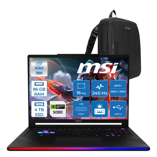 Msi Raider 16 Max Hx OLED B2WI-092TR Intel Core Ultra 9 290HX Plus 96GB Ddr5 4tb SSD Rtx 5080 16GB 175W Freedos 16” Qhd+ (2560X1600) 240Hz Oyuncu Bilgisayarı 092TRF23 + Zetta Çanta