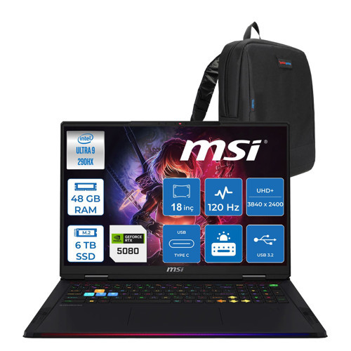 Msi Raider 18 Max Hx A2WI-1040TR Intel Core Ultra 9 290HX Plus 48GB Ddr5 6tb SSD Rtx 5080 16GB 175W Freedos 18” Uhd+ (3840X2400) Miniled 120HZ IPS Oyuncu Bilgisayarı 1040TRF09 + Zetta Çanta