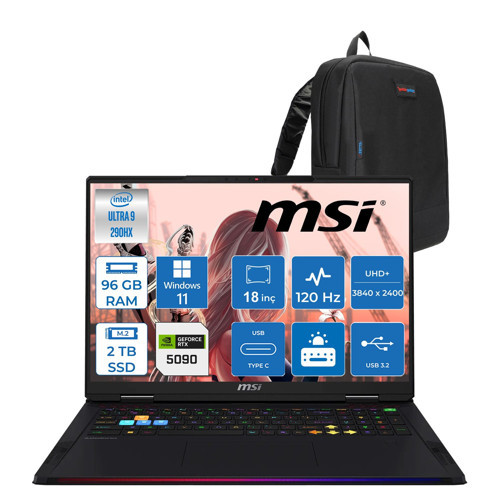 Msi Raider 18 Max Hx A2WJ-1059TR Intel Core Ultra 9 290HX Plus 96GB Ddr5 2tb SSD Rtx 5090 24GB 175W Windows 11 Home 18” Uhd+ (3840X2400) Miniled 120HZ IPS Oyuncu Bilgisayarı 1059TRH22 + Zetta Çanta