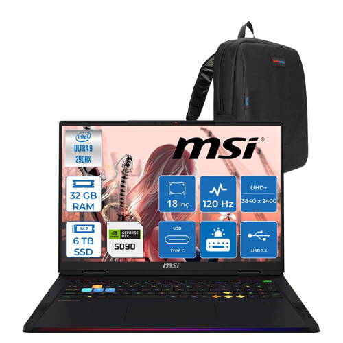 Msi Raider 18 Max Hx A2WJ-1059TR Intel Core Ultra 9 290HX Plus 32GB Ddr5 6tb SSD Rtx 5090 24GB 175W Freedos 18” Uhd+ (3840X2400) Miniled 120HZ IPS Oyuncu Bilgisayarı 1059TRF04 + Zetta Çanta