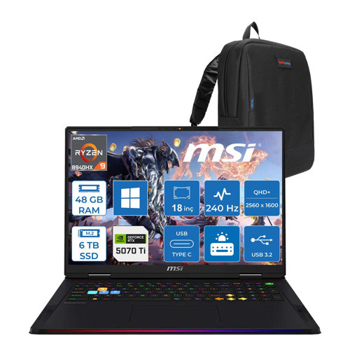 Msı Raıder A18 Hx A8WHG-280TR Amd Ryzen 9 8940HX 48GB Ddr5 6tb SSD Rtx 5070 Ti 12GB Gddr7 140W Windows 11 Pro 18” Qhd+ (2560X1600) 240Hz Ips-Level Oyuncu Bilgisayarı 280TRP09 + Zetta Çanta