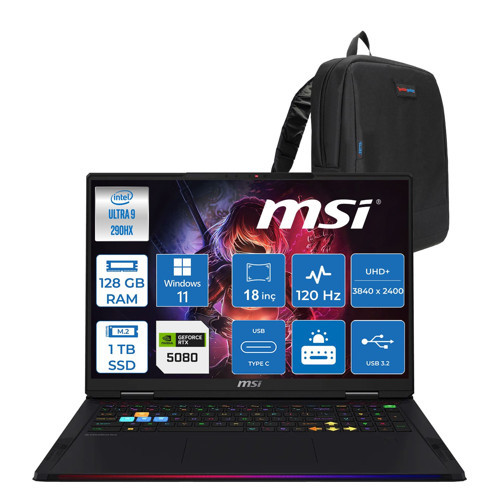 Msi Raider 18 Max Hx A2WI-1040TR Intel Core Ultra 9 290HX Plus 128GB Ddr5 1tb SSD Rtx 5080 16GB 175W Windows 11 Home 18” Uhd+ (3840X2400) Miniled 120HZ IPS Oyuncu Bilgisayarı 1040TRH26 + Zetta Çanta