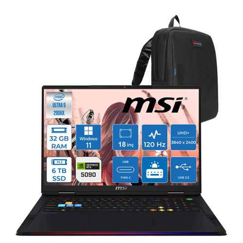 Msi Raider 18 Max Hx A2WJ-1059TR Intel Core Ultra 9 290HX Plus 32GB Ddr5 6tb SSD Rtx 5090 24GB 175W Windows 11 Home 18” Uhd+ (3840X2400) Miniled 120HZ IPS Oyuncu Bilgisayarı 1059TRH04 + Zetta Çanta
