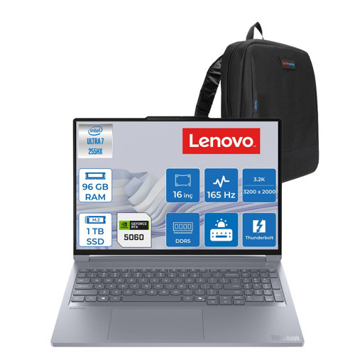 Thinkbook 16P G6 Intel Ultra 7 255HX 96GB 512GB+512GB SSD 8GB/RTX5060/115W 16" 3.2k (3200X2000) IPS 165hz 500NITS X-Rite Dos Kurumsal Iş Bilgisayarı 21R0001GTXF40 + Zettaçanta