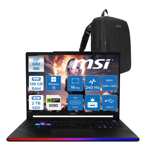 Msi Raider 16 Max Hx OLED B2WJ-022TR Intel Core Ultra 9 290HX Plus 128GB Ddr5 2tb SSD Rtx 5090 24GB 175W Windows 11 Pro 16” Qhd+ (2560X1600) 240Hz Oyuncu Bilgisayarı 022TRP27 + Zetta Çanta