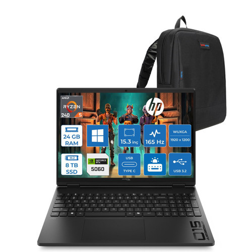 Hyperx Omen 15 Amd Ryzen 5 240 24GB Ddr5 8tb SSD Geforce RTX5060 8gb Windows 11 Pro 15.3" Wuxga (1920X1200) IPS 300NITS 165Hz Oyuncu Bilgisayarı HOD2QW3EAP12 + Zetta Çanta