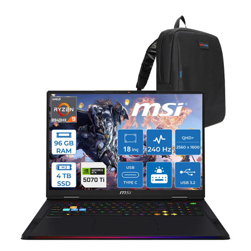 Msı Raıder A18 Hx A8WHG-280TR Amd Ryzen 9 8940HX 96GB Ddr5 4tb SSD Rtx 5070 Ti 12GB Gddr7 140W Freedos 18” Qhd+ (2560X1600) 240Hz Ips-Level Oyuncu Bilgisayarı 280TRF23 + Zetta Çanta