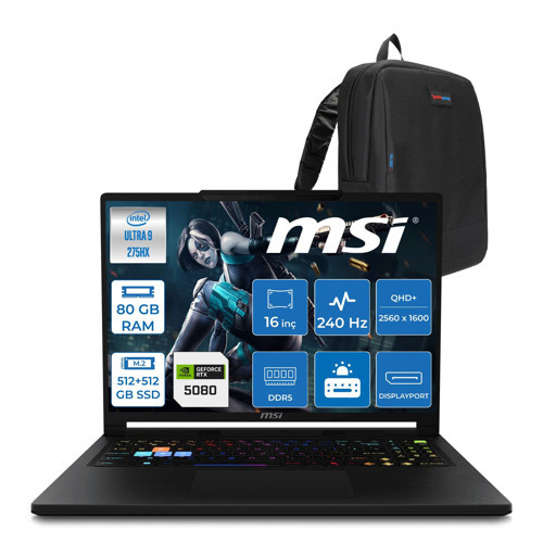 Msı Raider 16 Hx B2WI-021TR Intel Ultra 9 275HX Aı 80GB Ddr5 512GB+512GB SSD 16GB/RTX5080 175W 16" QHD+(2560X1600), 240Hz IPS 100% Dcı-P3 Freedos Gaming Laptop MSW021TRF34+ZETTAÇANTA