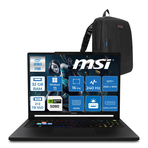 Msı Raider 16 Hx B2WI-021TR Intel Ultra 9 275HX Aı 32GB Ddr5 2tb Ssd+2tb SSD 16GB/RTX5080 175W 16" QHD+(2560X1600), 240Hz IPS 100% Dcı-P3 WINDOWS11PRO Gaming Laptop MSW021TRP14+ZETTAÇANTA