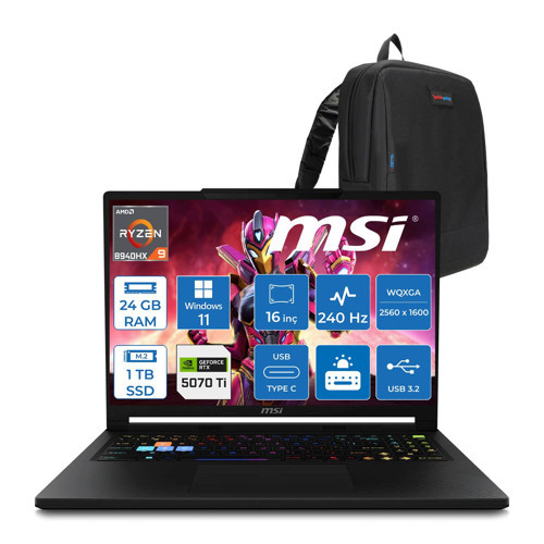 Msı Raider 16 Hx B8WH-011TR Ryzen 9 8940HX Aı 24GB Ddr5 1tb SSD 12GB/RTX5070Tİ 140W 16" QHD+(2560X1600), 240Hz IPS 100% Dcı-P3 WINDOWS11PRO Gaming Laptop MSW011TRP03+ZETTAÇANTA