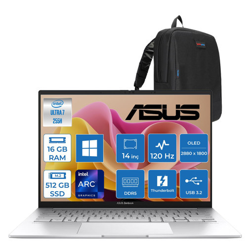 Zenbook 14 Intel Core Ultra 7 255H 16GB LPDDR5X 512GB 14" 3k OLED 120Hz 600NIT Intel Arc Graphics Windows 11 Pro Taşınabilir Bilgisayar UX3406CAP01 + Zettaçanta