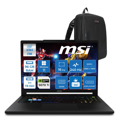 Msı Raider 16 Hx B2WH-091TR Intel Ultra 9 275HX Aı 96GB Ddr5 1tb Ssd+1tbssd 12GB/RTX5070Tİ 140W 16" QHD+(2560X1600), 240Hz IPS 100% Dcı-P3 WINDOWS11HOME Gaming Laptop MSW091TRH44+ZETTAÇANTA