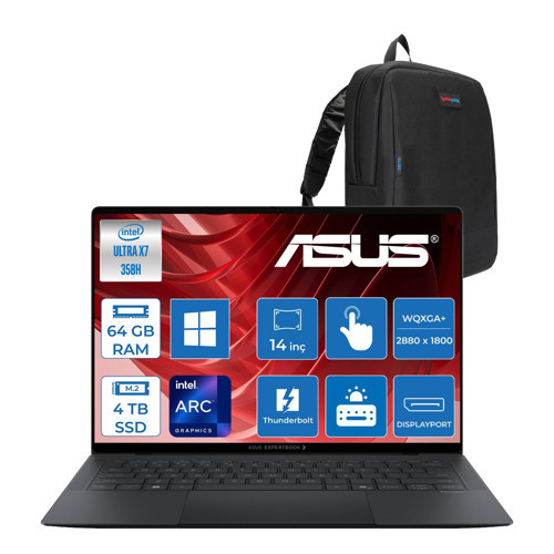Expertbook (B9406CAA) Intel® Core™ Ultra X7 358H 64GB 4tb SSD Intel® Arc™ Gpu 14.0-Inch OLED Wqxga+ (2880 x 1800) 1400NITS Hdr DCI-P3:100 WIN11HOME Dokunmatik Bilgisayar UX7641TB1DH15+ZETTAÇANTA