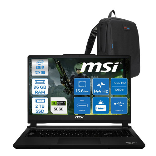 Msi Cyborg 15 Max C13WF-065XTR Intel Core I7 13620H 96GB Ddr5 2tb SSD Geforce RTX5060 100W Gddr7 8gb Freedos 15.6" IPS Fullhd (1920X1080) 144Hz Oyuncu Bilgisayarı 065XTRF39 + Zetta Çanta