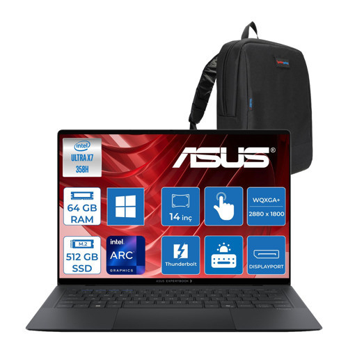 Expertbook (B9406CAA) Intel® Core™ Ultra X7 358H 64GB 512GB SSD Intel® Arc™ Gpu 14.0-Inch OLED Wqxga+ (2880 x 1800) 1400NITS Hdr DCI-P3:100 WIN11PRO Dokunmatik Bilgisayar UX7641TB1DP12+ZETTAÇANTA