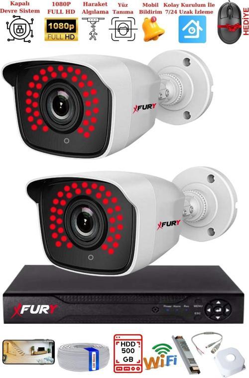 2 Kamera Geniş Açı 1080P Full HD Görüntü 36 Led Gece Görüşlü-Su Geçirmez  Güvenlik Kamera Seti 500GB