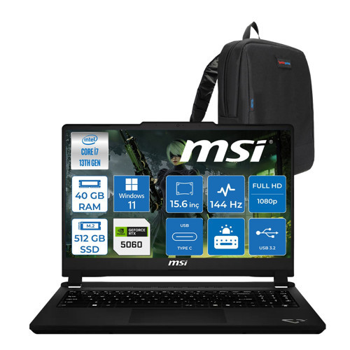 Msi Cyborg 15 Max C13WF-065XTR Intel Core I7 13620H 40GB Ddr5 512GB SSD Geforce RTX5060 100W Gddr7 8gb Windows 11 Pro 15.6" IPS Fullhd (1920X1080) 144Hz Oyuncu Bilgisayarı 065XTRP17 + Zetta Çanta
