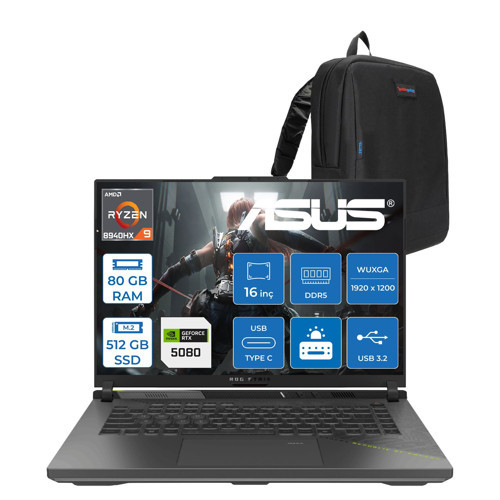 Rog Strix G16 G614PW Amd Ryzen 9 8940HX Aı 80GB Ddr5 512GB SSD 16GB/RTX5080 175W 16-Inch Fhd+ 165Hz 3ms 100%SRGB (1920 x 1200, Wuxga) Freedos Gaming Laptop WRV038F33+ZETTAÇANTA