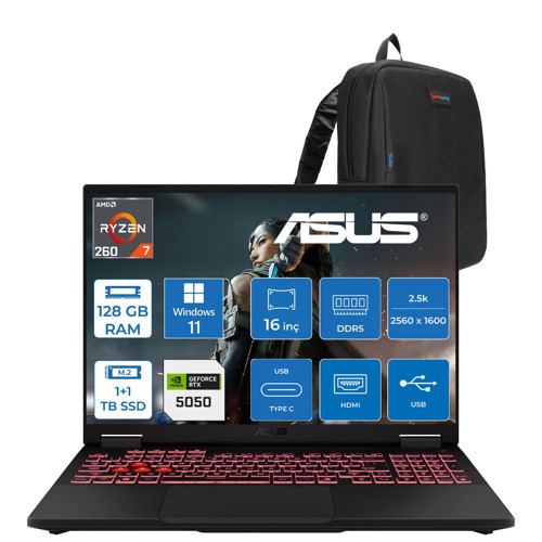 Tuf Gaming A16 FA608UH Ryzen 7 260 Aı 128GB Ddr5 1tb Ssd+1tbssd 16-Inch 8GB/RTX5050 115W, 1920 x 1200, Wuxga SRGB:100% 165Hz 3ms IPS WINDOWS11HOME Gaming Laptop ZRV099WH52+ZETTAÇANTA