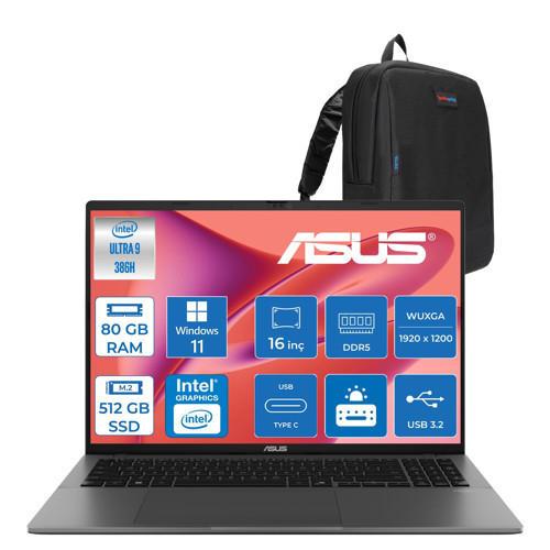 Vivobook S16 (S3607AA) Intel® Core™ Ultra 9 386H Aı 80GB Ddr5 512GB SSD 16.0-Inch, Wuxga (1920 x 1200) OLED 0.2ms 300NITS WIN11PRO Taşınabilir Bilgisayar WSH103P27+ZETTAÇANTA