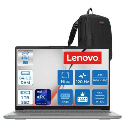 Ideapad Slim 5 16IMH10 Intel® Core™ Ultra 9 185H 64GB Ddr5 1tb SSD Intel® Arc™ Graphics 16" 2.8k (2880X1800) OLED 500NITS 100% Dcı-P3, 120Hz Freedos Bilgisayar 83V70057TRF23+ZETTAÇANTA