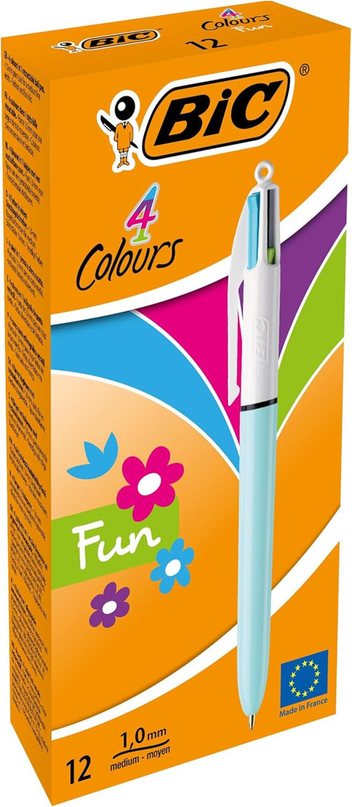 Bic 4 Colours Fun Tükenmez Kalem, 12'Li Kutu, 1.0Mm Uç, Tek Kalemde Pembe, Mor, Turkuaz Ve Açık Yeşi