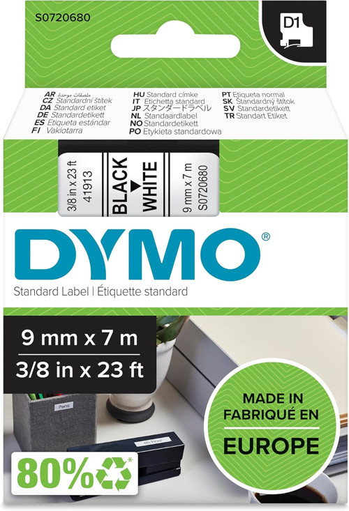 D1 Yedek Şerit, 9 Mm X 7 Mt, Beyaz/Siyah (40913)