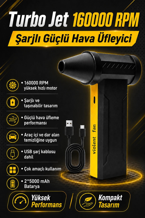 Turbo Jet 160000 RPM Taşınabilir Şarjlı Hava Üfleyici 2x5000 mAh Bataryalı Mini Fan