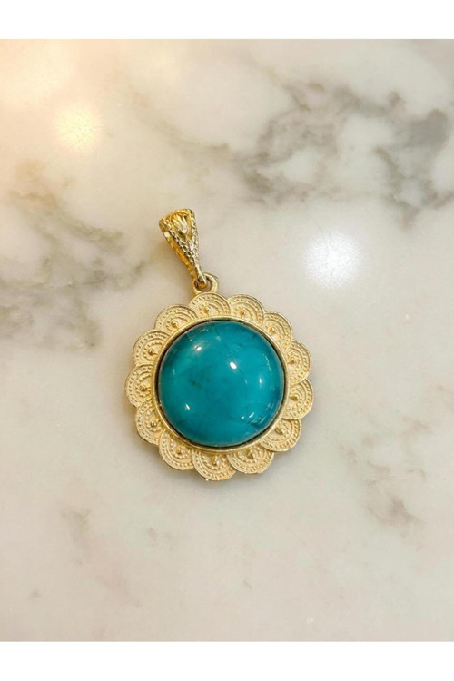 Naturel Glow Doğal El Yapımı Gold Çerçeveli Turkuaz Renk Murano Cam Kolye Ucu