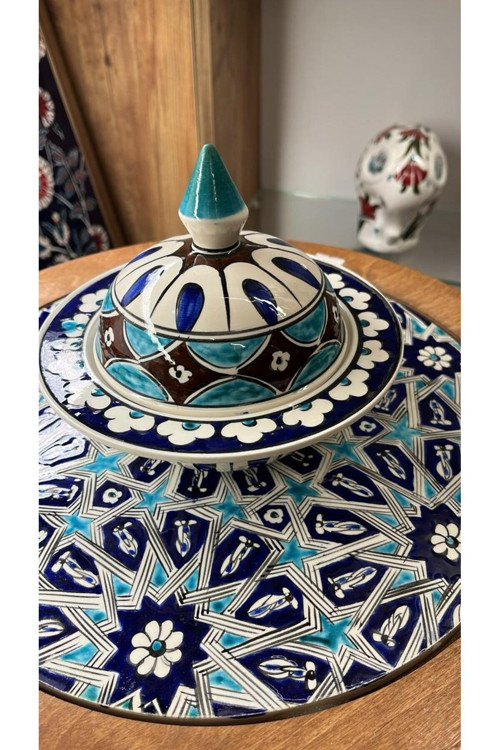 Naturel Glow El Yapımı Iznik Çini Desenli Kapaklı Dekoratif Seramik Şekerlik | Geleneksel Osmanlı Motifli