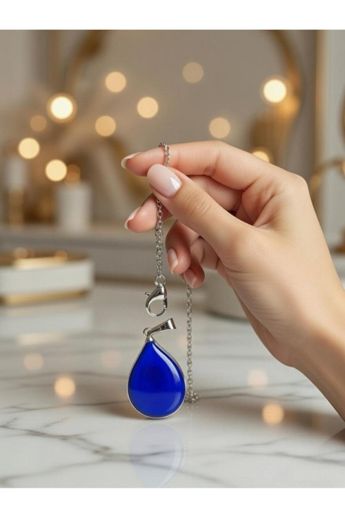 Naturel Glow Doğal Taş Detaylı Turkuaz Renk Otantik Bohem Tasarım El İşçiliği Cam Kolye