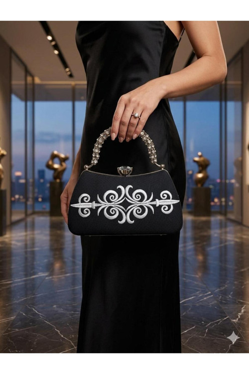 Naturel Glow Şık Tasarım Dak Keten Abiye El Çantası Taşlı Sap Detaylı Özel Tasarım Clutch Çanta