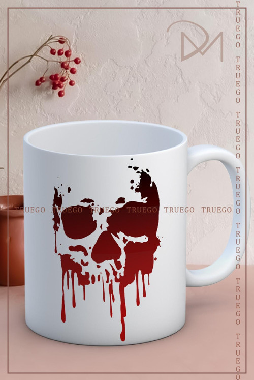 Baskılı Kupa Bardak Seramik Mug - Kırmızı Sİyah Kurukafa
