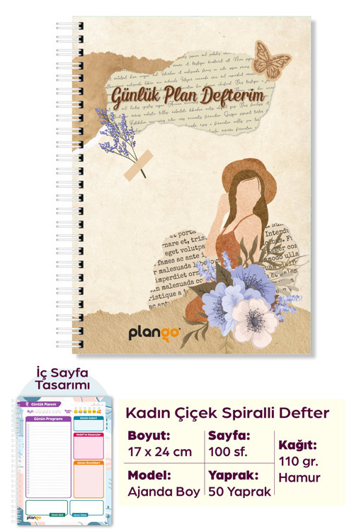 Kadın ve Çiçek Spiralli Günlük Planlama Defteri - Daily Planner - Planlayıcı